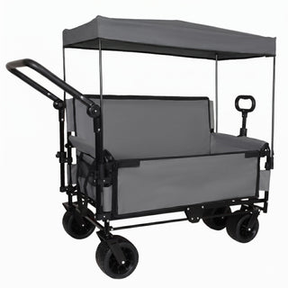 3-in-1 Folding Wagon Cart with Bench Seat & Canopy & Storage, 500lbs Heavy-Duty, 180L Capacity, All-Terrain Wagon for Camping, Beach, Sports, & Garden, Gray