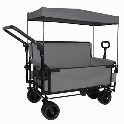 3-in-1 Folding Wagon Cart with Bench Seat & Canopy & Storage, 500lbs Heavy-Duty, 180L Capacity, All-Terrain Wagon for Camping, Beach, Sports, & Garden, Gray