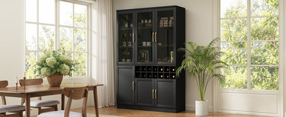 70.87'' Tall Wine Bar Cabinet with Glass Doors, Modern Liquor Cabinet with Removable 14-Bottle Wine Rack & Built-in Door Shelves, High-Capacity Home Bar Cabinet, Black70.87
