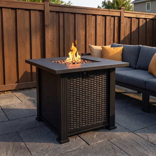 27.95" Modern Outdoor Fire Pit Table with Lava Rocks, Propane Fire Pit, Black Steel
