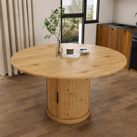 59" Extendable Oval Dining Table with 2-Tier Storage for 4-6, Space Saving Expandable Kitchen Table in Oak Color, MDF with Walnut Finish & Pedestal Base