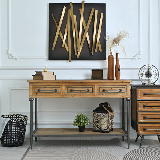 48.03" Accent Rustic American Industrial Style Storage Console Table For Living Room, Rectangle Solid Wooden Top Metal Leg Console Table With Open Shelf And 3 Drawers