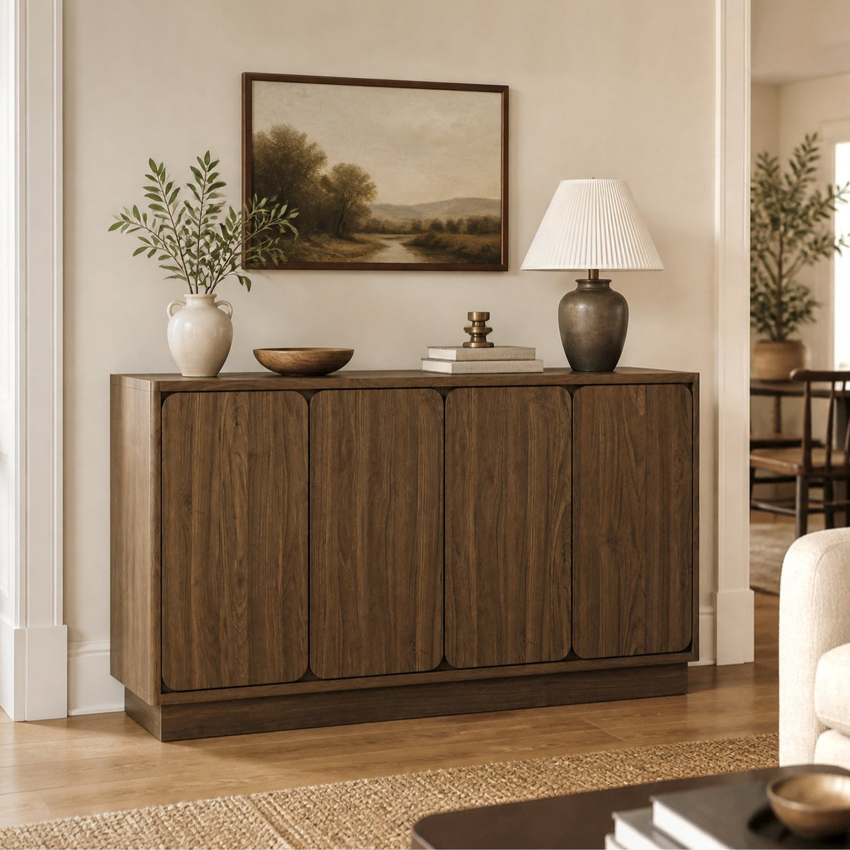 59.1 Inch Walnut 4-Door Sideboard Buffet Cabinet, Particle Board Storage Credenza with Adjustable Shelves, Wide Console Storage Cupboard for Dining Room, Kitchen, Living Room & Entryway