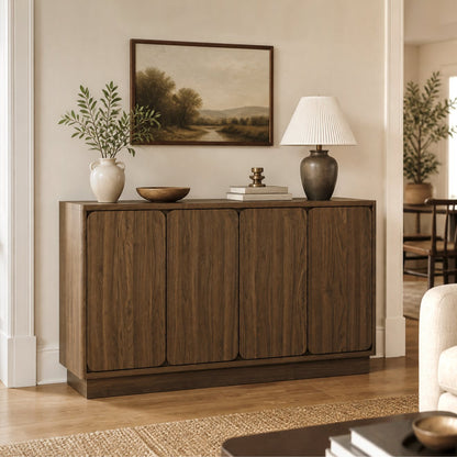 59.1 Inch Walnut 4-Door Sideboard Buffet Cabinet, Particle Board Storage Credenza with Adjustable Shelves, Wide Console Storage Cupboard for Dining Room, Kitchen, Living Room & Entryway