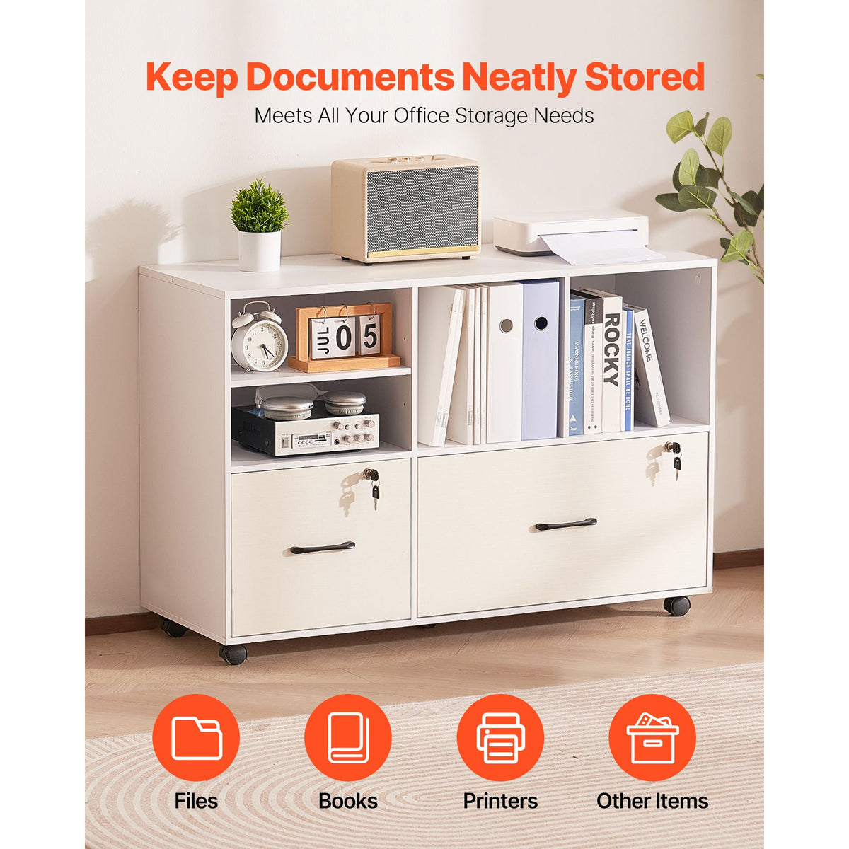 2 Drawer Wooden File Cabinet, Mobile Filing Cabinet with Open Shelves, Lockable Lateral Rolling File Storage with Adjustable Shelves