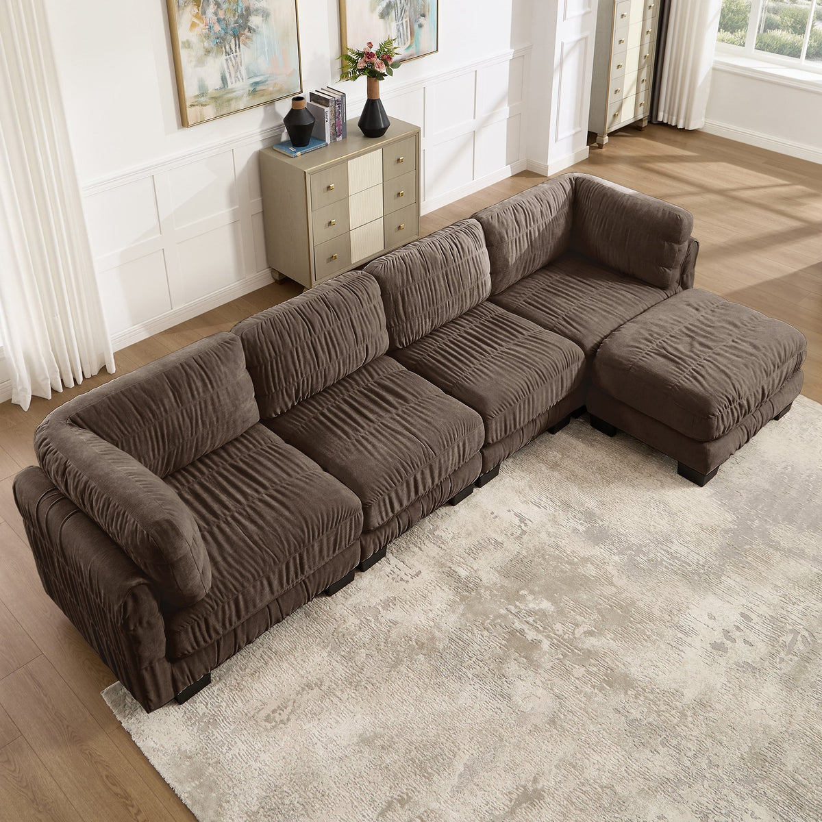 4 Seat Ruched Detailing Chenille Modular Sectional Sofa,Movable Ottoman,High-Density Foam,L Shape Thickened  Back Cushions,Easy Assembly,For Living Room,Bedroom,Brown