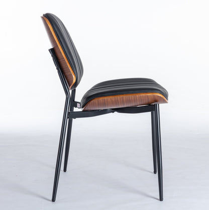 A&A Furniture, Dining Chairs Set of 2 Mid Century Modern Retro Faux Leather Chair with Walnut Bentwood Back Upholstered Seat Metal Legs – Black
