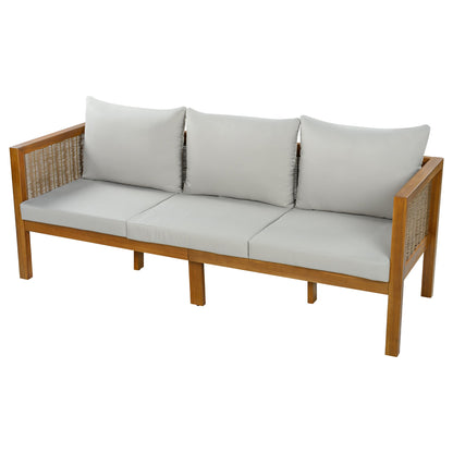 3-Seater Patio Set Outdoor Sofa & Coffee Table Set 2 Piece Outdoor Conversation Patio Furniture Set with Cushions and a Coffee Table for Garden, Backyard, Balcony, Poolside,Grey Cushion +Natural Wood