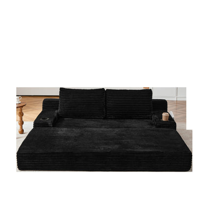 70.8-inch corduroy two-in-one sofa bed, featuring a lounge chair with two throw pillows, built-in cup holders in the armrests, and side storage pockets-ideal for living rooms, bedrooms, and relaxation