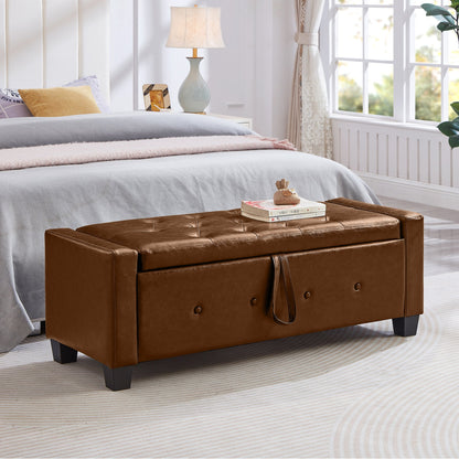 48" Ottoman Bench with Storage, Upholstered Tufted Faux Leather PU Ottoman Brown