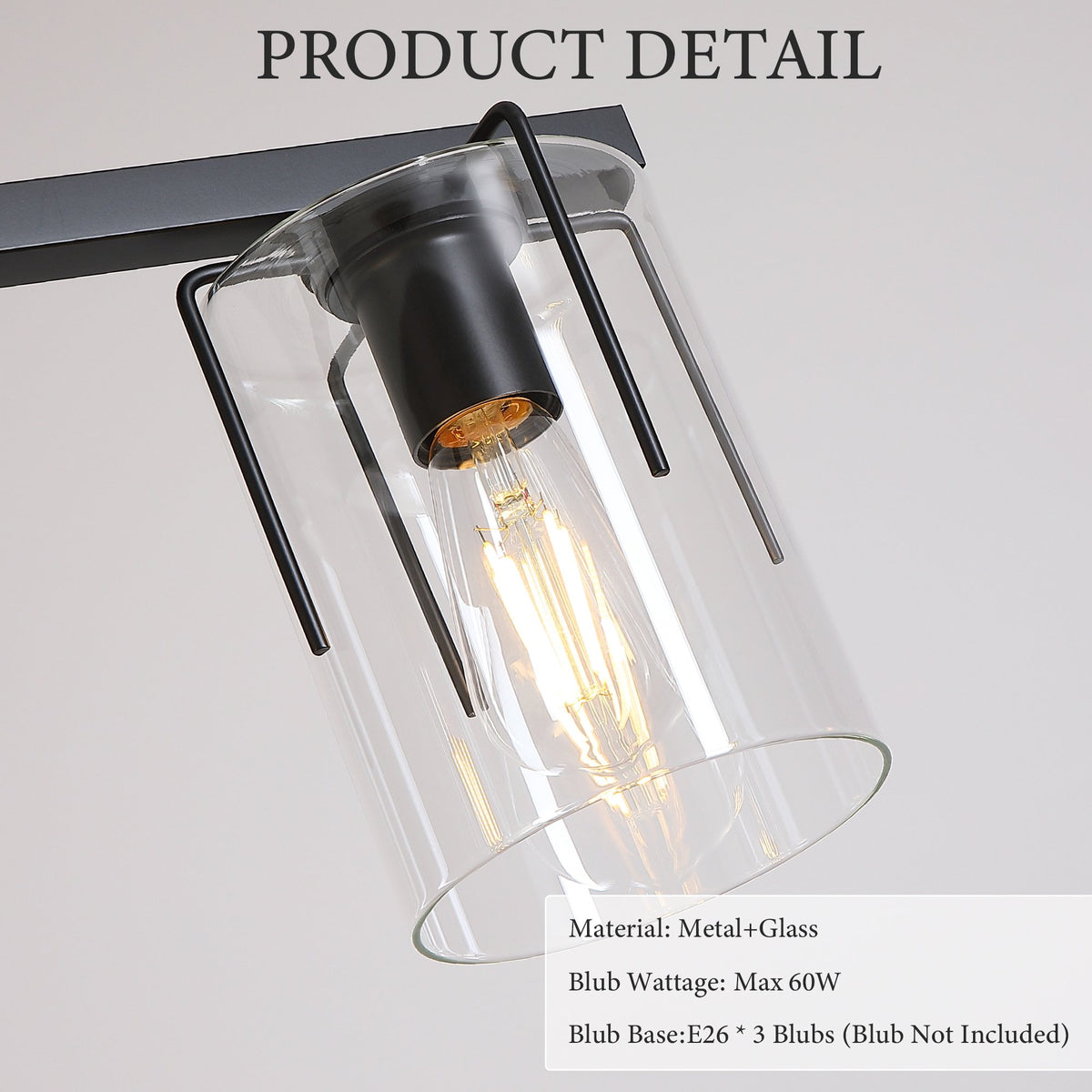 3-Light Matte Black Linear Pendant Light, Industrial Kitchen Island Lighting with Clear Glass Shades, Adjustable Chain Chandelier