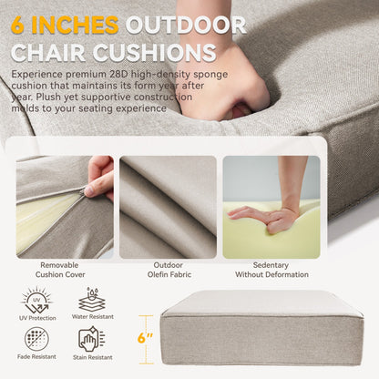 6" Thicker Outdoor Chair Cushion 2 Sets-24"x22"x6" Waterproof Patio Furniture Cushions with Removable Cover 28D High Density Sponge Filling Thicken Outdoor Patio Cushions-Beige