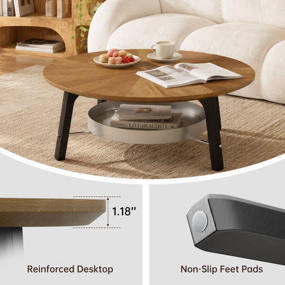 35.43" Round Coffee Table with Storage Shelf, Walnut Wood Grain Finish with Black Wood Legs, Modern Minimalist Center Table for Living Room, Farmhouse Accent Furniture for Small Spaces, Easy Assembly