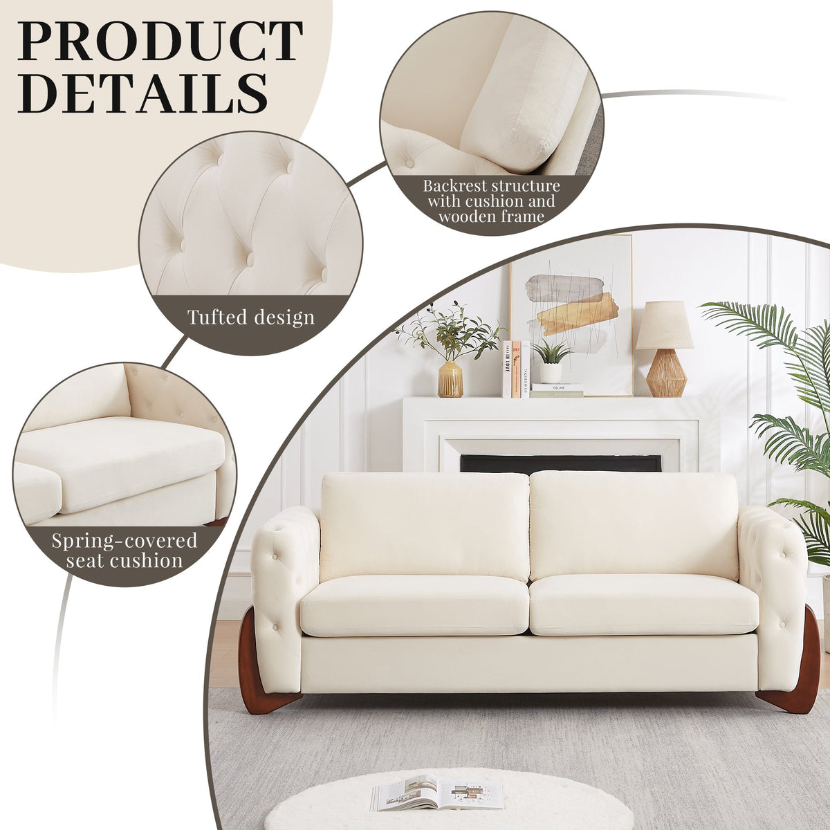 84-inch Classic Velvet Sofa With Button-tufted Detailing Features Curved Wooden Legs, Stylish Curved Armrests, Two Back Cushions, and Two Seat Cushions for the living room.