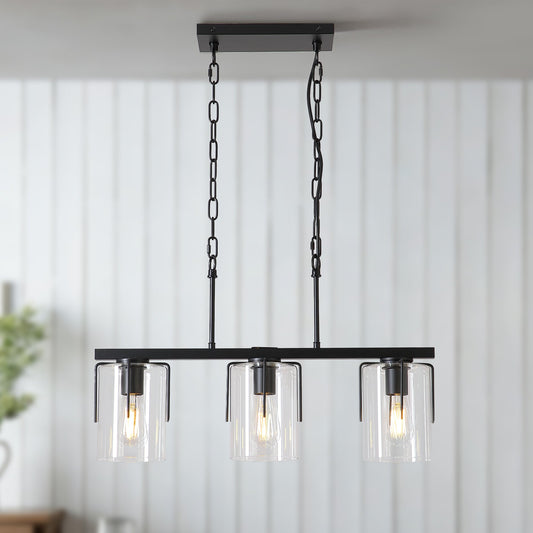 3-Light Matte Black Linear Pendant Light, Industrial Kitchen Island Lighting with Clear Glass Shades, Adjustable Chain Chandelier