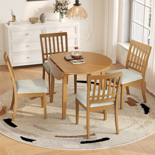 5-Piece Round Dining Table Set for 4 People, 1 Folding Wood Dining Table + 4 Upholstered Chairs