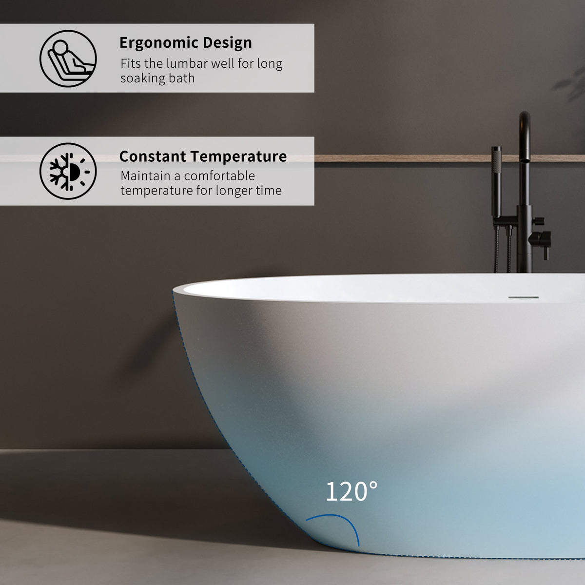 63″Solid Surface Matte Tub, Solid Surface Soaking Tub, Stone Resin Freestanding Bathtub, Thick Edge Stand Alone Tubs with Overflow