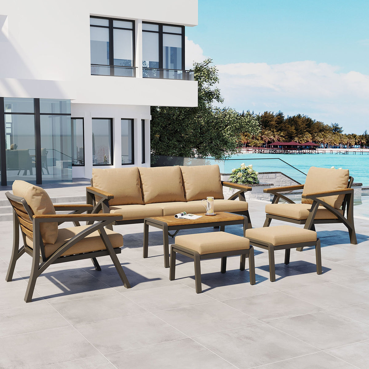 6-Piece Outdoor Patio Furniture Set, Steel Frame Sofa Set with 3-Seat Couch, 2 Armchairs, 2 Ottomans & Acacia Wood Coffee Table, Cushioned Seating for Backyard, Garden, Poolside, Brown Cushion