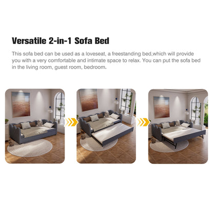 2 in 1 Convertible Sofa Bed, Plaid Fabric Couch Bed with USB Port, Triple Reinforced Frame, Solid Wood Slats, Noise-Free & Anti-Sagging, Space Saving Furniture for Small Space, Kids Room, Guest Room
