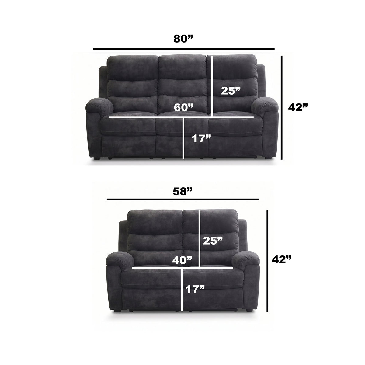 2-Piece Manual Reclining Sofa Set, 3-Seat Sofa +2-Seat Loveseat, Dark Gray