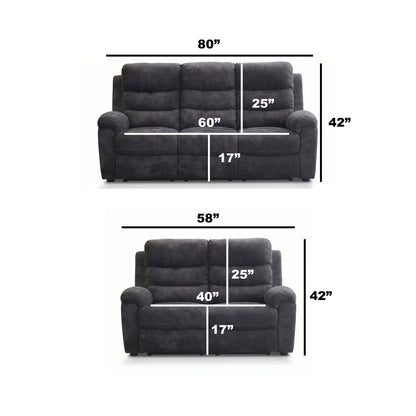 2-Piece Manual Reclining Sofa Set, 3-Seat Sofa +2-Seat Loveseat, Dark Gray