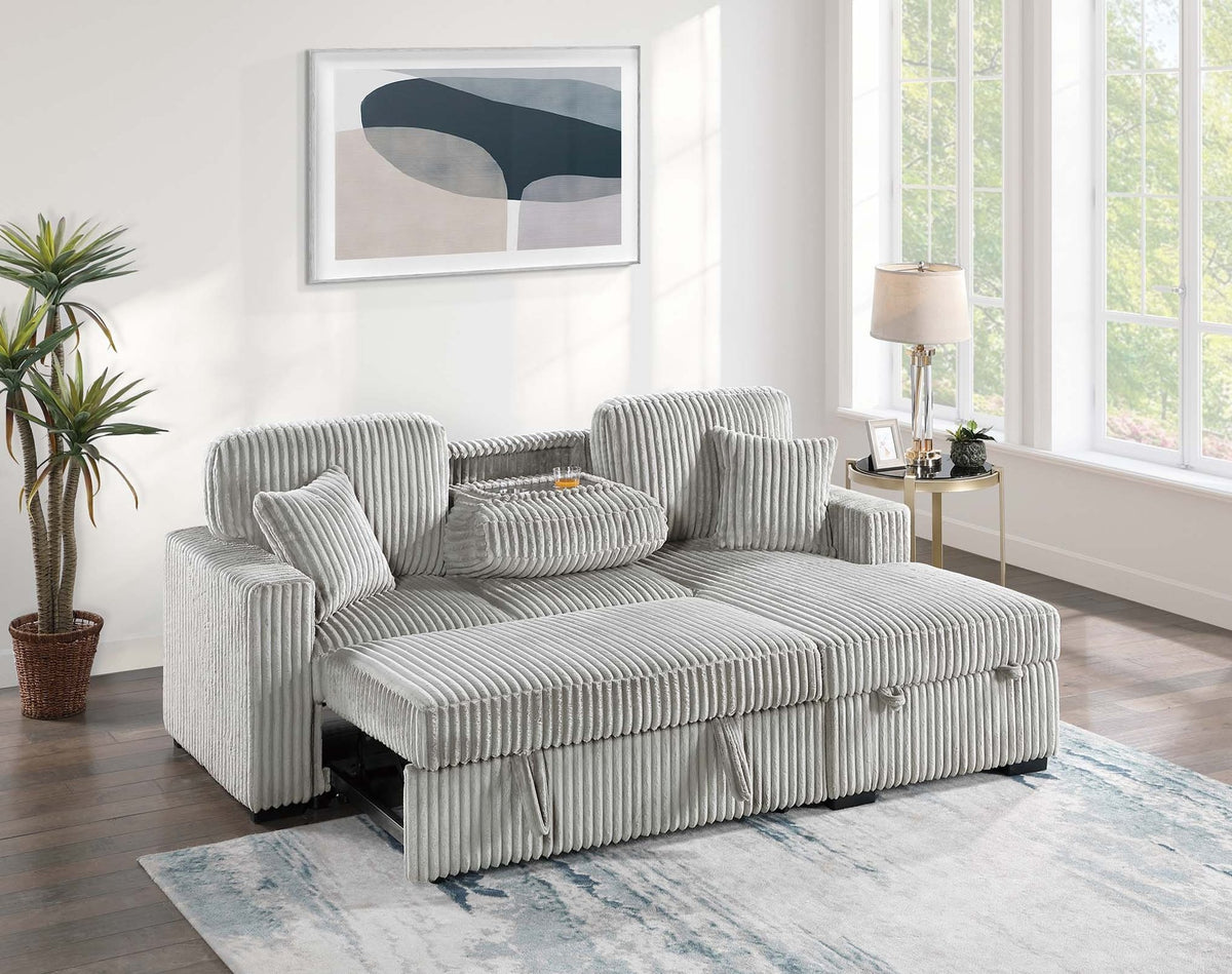 2pc Set Sectional Ash Wide-Welt Corduroy Sofa Pull out Bed Storage Chaise Cup Holder Living Room