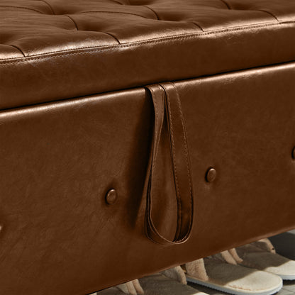 48" Ottoman Bench with Storage, Upholstered Tufted Faux Leather PU Ottoman Brown