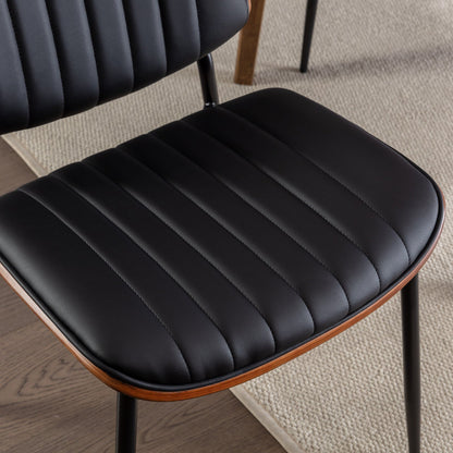 A&A Furniture, Dining Chairs Set of 2 Mid Century Modern Retro Faux Leather Chair with Walnut Bentwood Back Upholstered Seat Metal Legs – Black