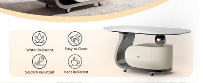 39.4" Sintered Stone End table with Drawer, Stainless Steel Base & 4 Lockable Casters, Modern Mobile Oval Coffee Table for Living Room, Easy Assembly (Gray)