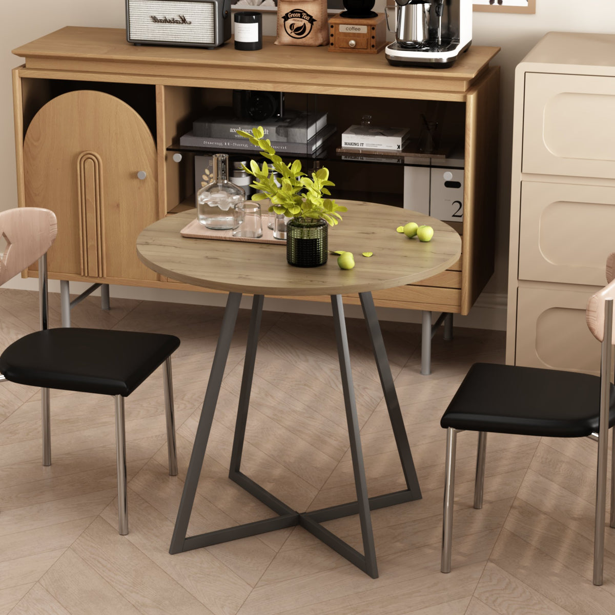 31.5 Inch Round Dining Table, Small Circle Kitchen Table with Metal Black Legs for 2-4 people, Modern Dining Room Table, Brown (only table) – Natural