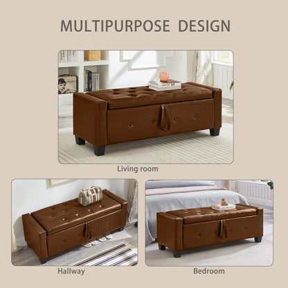 48" Ottoman Bench with Storage, Upholstered Tufted Faux Leather PU Ottoman Brown