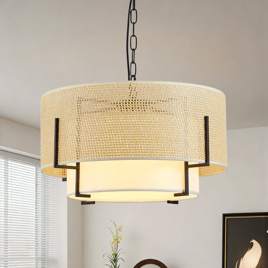 19.7'' Farmhouse Boho Chandelier, 4-Light Hand Woven Rattan Pendant Light with Fabric Shade Rustic Drum Chandelier for Dining Room Kitchen