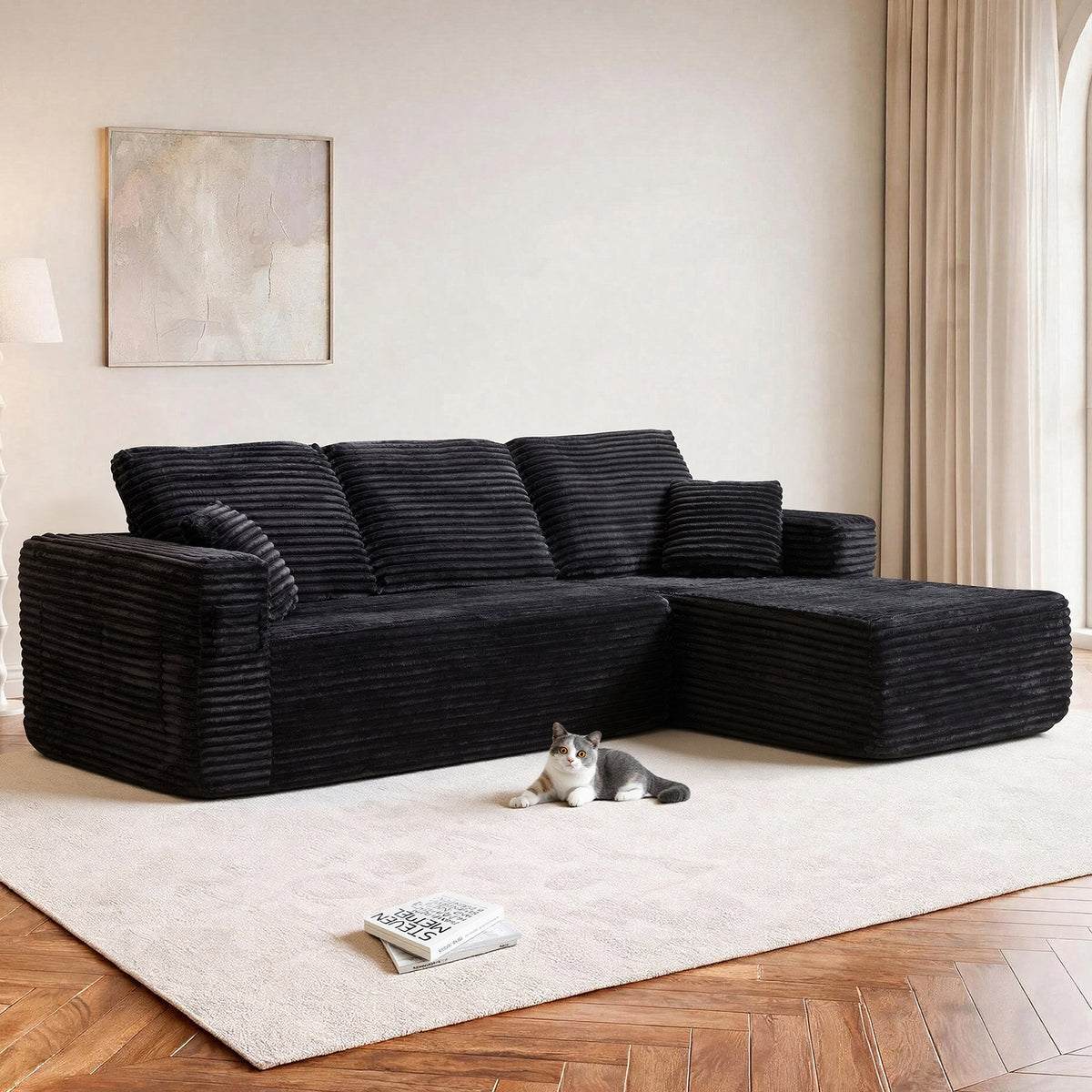100.39"Cloud Sectional Couch with R-Shape Chaise,Modern Modular Sofa wit Deep Seat,No Assembly Required,Compressed packaging,Pocket spring and Foam,Plush Fabric Black