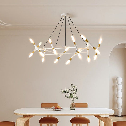 41" White & Golden Modern Chandelier Light Fixture, Branch Design with Frosted Tubes, Black Cords, Adjustable Height Pendant Light
