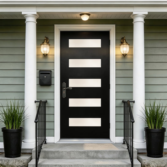 36"x80" Fiberglass Front Door with White 4-9/16" PVC Frame,Right-Hand Inswing Exterior Door with Brickmould,Contemporary minimalist brushed smooth skin with frosted glass for Home Entrance, Black