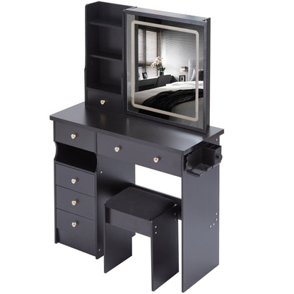 37" Left Drawer Desktop Vanity Table + Cushioned Stool, 2 AC+2 USB Socket, Hair Dryer Stand, Large Touch Control LED Sliding Mirror – Black