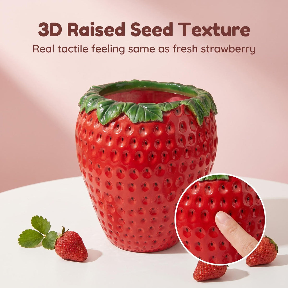15'' tall Strawberry Shaped Planter Pot, Cute Fruit Decorative Flower Vase, Weather Resistant Outdoor Garden Planter for Patio Porch Yard Lawn Entryway Home Tabletop Decor