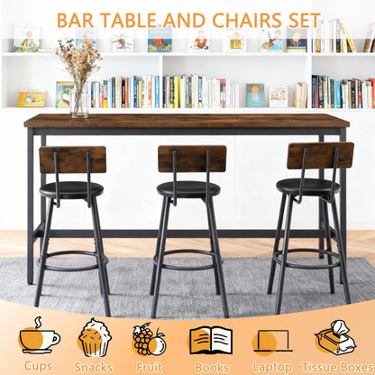 Bar Table and Chairs Set for 3, 4 Piece Industrial Dining Table Set with 3 PU Upholstered Bar Stools, Bar Table Set, Small Space Corner