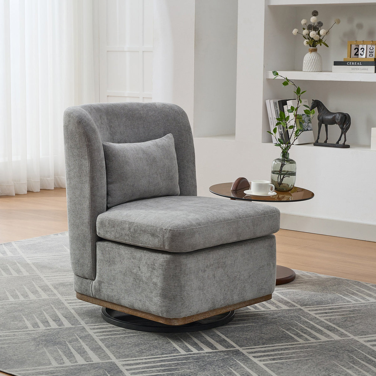 25.2 "Wide Modern Chenille Cushioned Armless Metal Base 360° Swivel Chair with Pillow, Suitable for Living Room, Family Room, Bedroom, Lounge Area, Office.  Grey