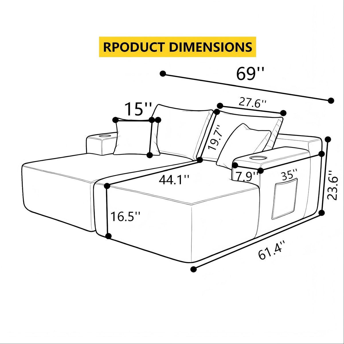69" Cloud Sectional Couch, L-Shape Chaise with R-Shape Chaise with Deep Seat and Comfortable 2 Seater Couch for Modern Living Room