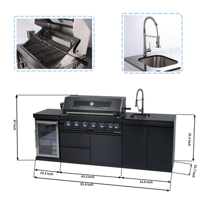 43-Inch 6-Burner 85000 BTU Deluxe Stainless Steel Gas Outdoor Kitchen Bar Barbecue Island Grill + Wine Cooler Compact Refrigerator + Rotisserie kit + Granite Countertops + Stainless steel Sink