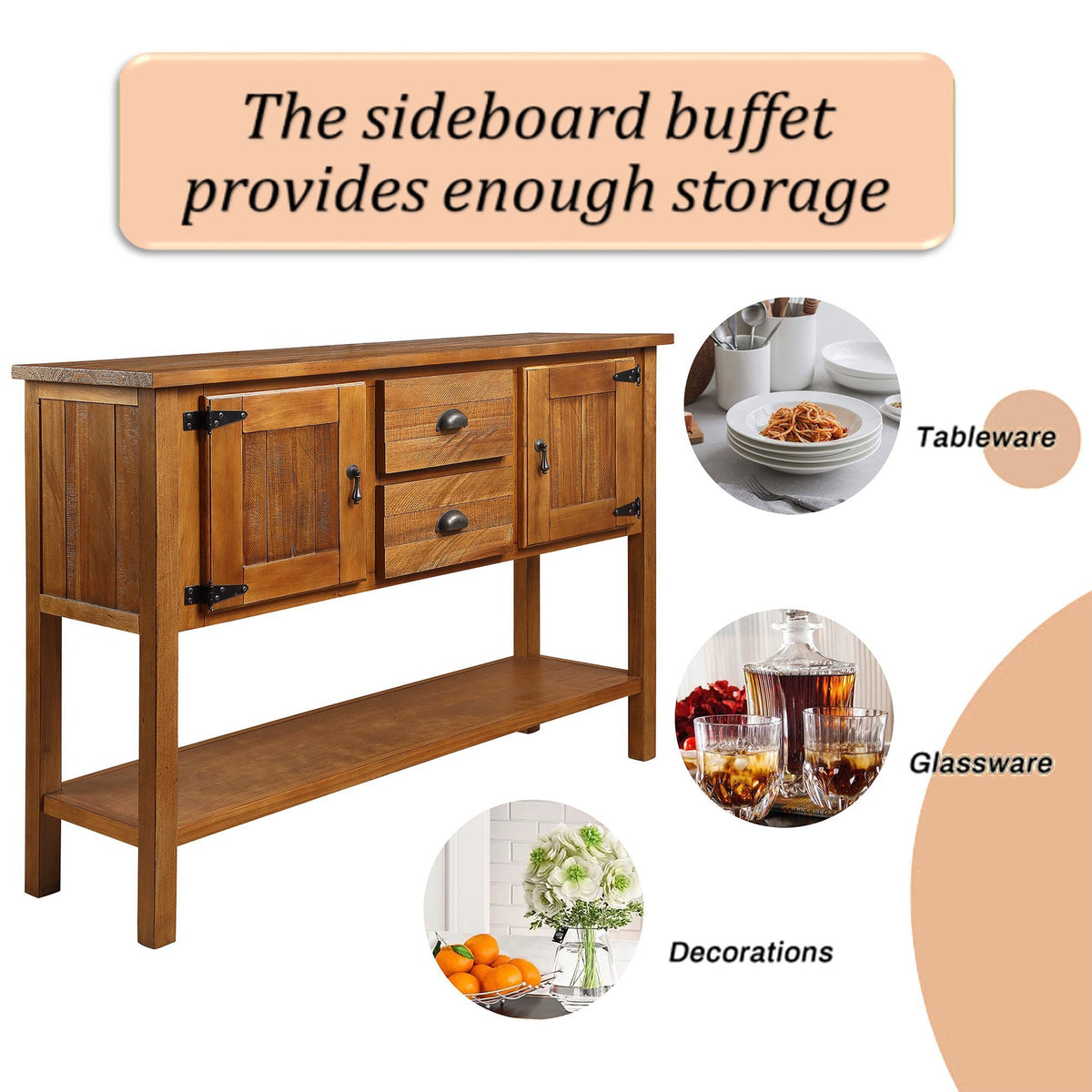 46'' Solid Wood Sideboard Console Table with 2 Drawers and Cabinets and Bottom Shelf, Retro Style Storage Dining Buffet Server Cabinet - Brown