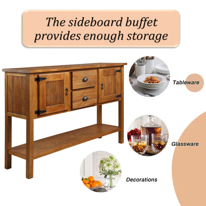 46'' Solid Wood Sideboard Console Table with 2 Drawers and Cabinets and Bottom Shelf, Retro Style Storage Dining Buffet Server Cabinet - Brown