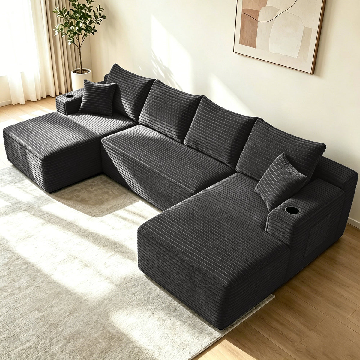 133" Cloud Sectional Sofa with U-Shape Chaise and Side Pockets and Cup holder, Modern Modular Design, Deep Seating, Upholstered Couch
