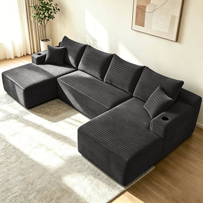 133" Cloud Sectional Sofa with U-Shape Chaise and Side Pockets and Cup holder, Modern Modular Design, Deep Seating, Upholstered Couch