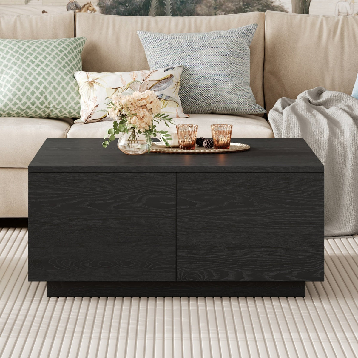 33.25" Square Coffee Table with 4 Drawers, Black