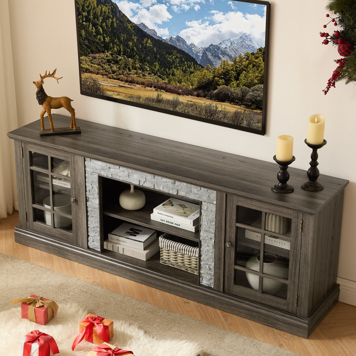 70" Modern TV Stand with 2-Door Storage, Faux Stone Media Console Cabinet, Grey Large Entertainment Center