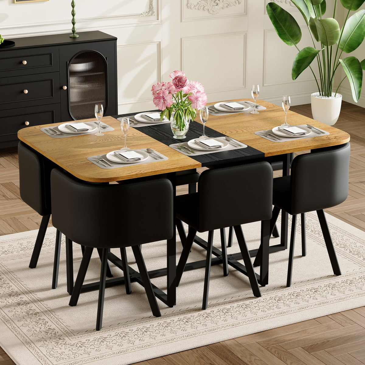 7-Piece Rectangular Dining Table Set, Fixed Two-Tone Wood Grain & Black Triamine Tabletop with 6 Black PU Leather Chairs