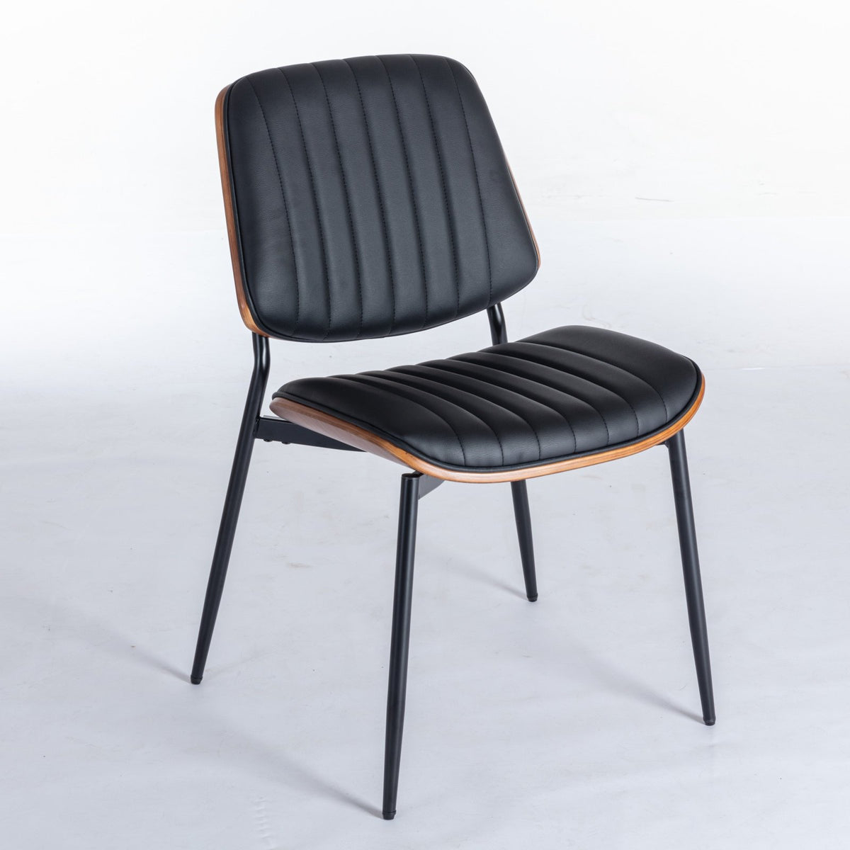 A&A Furniture, Dining Chairs Set of 2 Mid Century Modern Retro Faux Leather Chair with Walnut Bentwood Back Upholstered Seat Metal Legs – Black