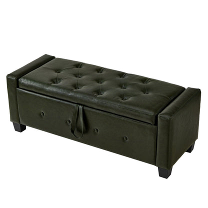 48" Ottoman Bench with Storage, Upholstered Tufted Faux Leather PU Ottoman Dark Green